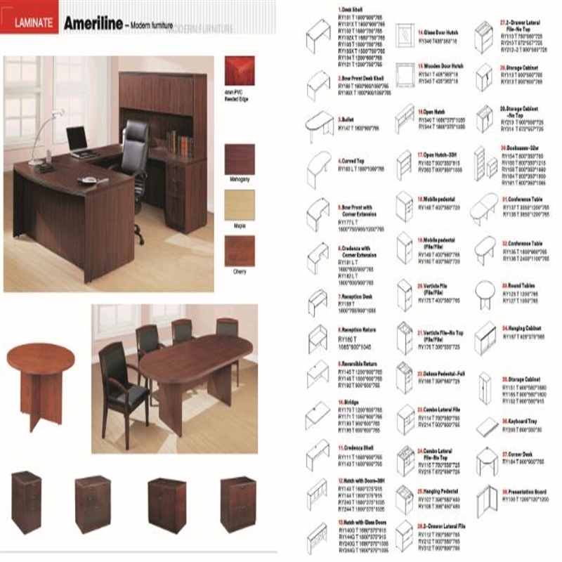 офис мебели от ламинат за американски пазар - дъски E1 със сертификат CARB. Бюра, U комплект, калъфи, шкафчета, шкафове и т.н.